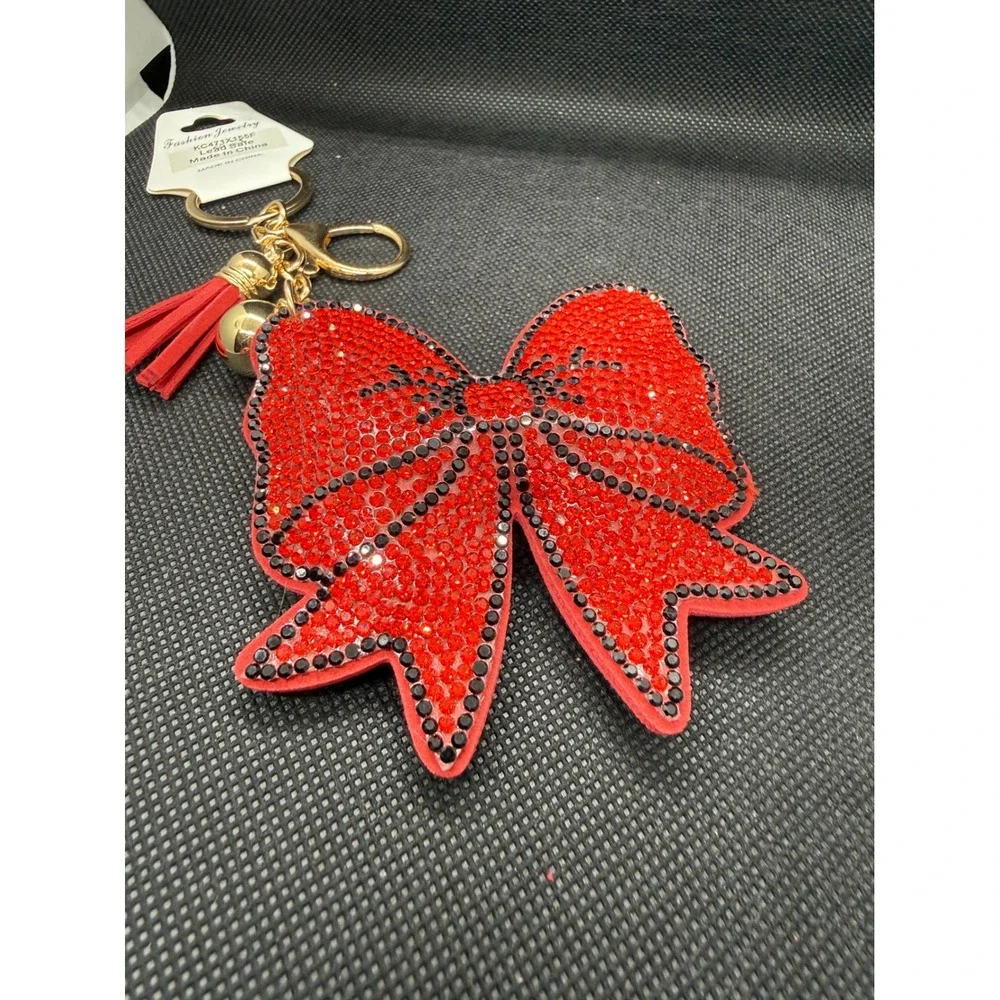 Red Rhinestone Bow Keychain Gold Tone Tassel Bell Bag Charm Whimsygoth